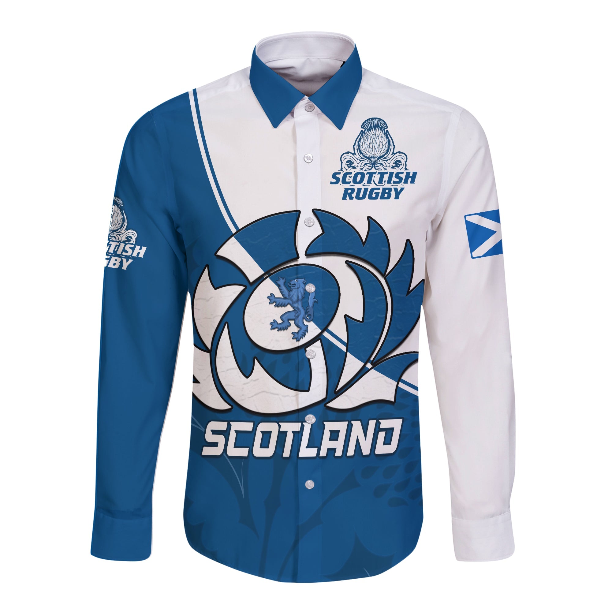 Scotland Rugby Long Sleeve Button Shirt Scottish Coat Of Arms Mix Thistle Newest Version - Wonder Print Shop