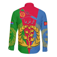 Back view of red long-sleeve button shirt with Eritrea map, emblem patch and tree design