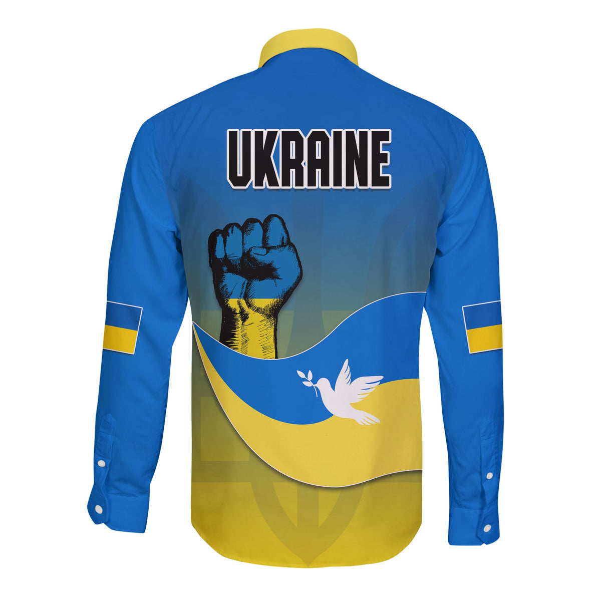 Back of blue long-sleeve button shirt: UKRAINE text, fist emblem and white dove graphic