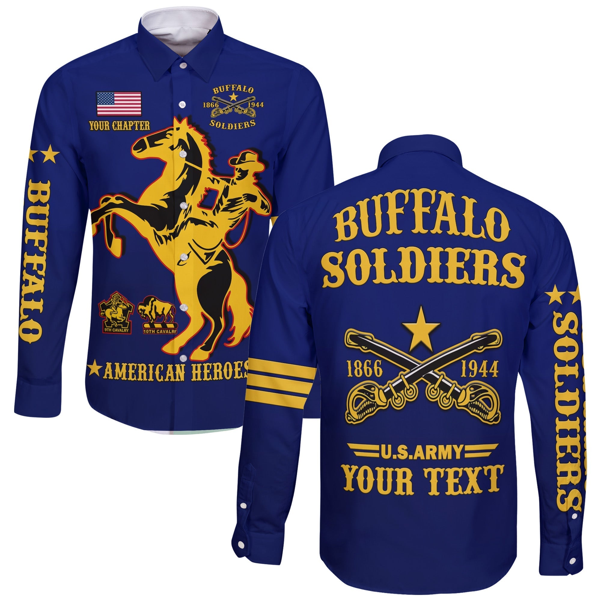 (Custom Text And Chapter) Buffalo Soldiers Long Sleeve Button Shirt BSMC United States Army Simple Style - Wonder Print Shop