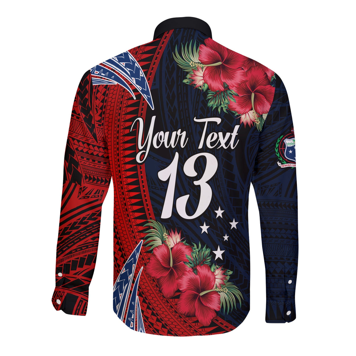 Long-sleeve button shirt back: “Your Text 13” number with hibiscus and tropical patterns