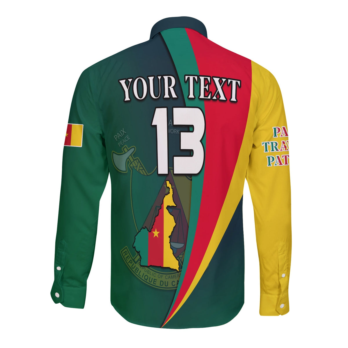 Custom long sleeve button shirt back view: YOUR TEXT 13 over Cameroon map