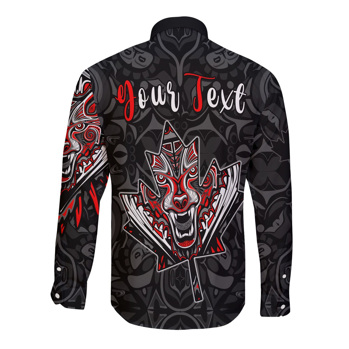 Black button shirt, back 'Your Text' with central red/white wolf emblem