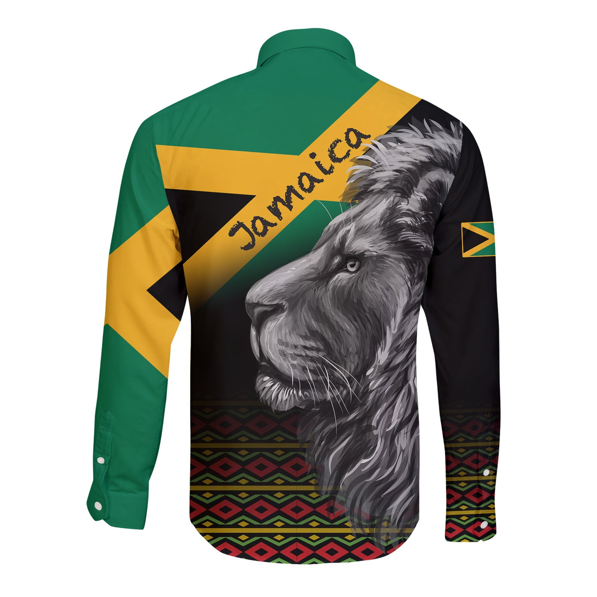 Back view long-sleeve button shirt, green/yellow Jamaican stripe, lion face print