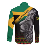 Back view long-sleeve button shirt, green/yellow Jamaican stripe, lion face print