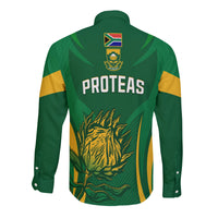 Green South Africa cricket long sleeve button-up, PROTEAS text, crest and zebra graphic