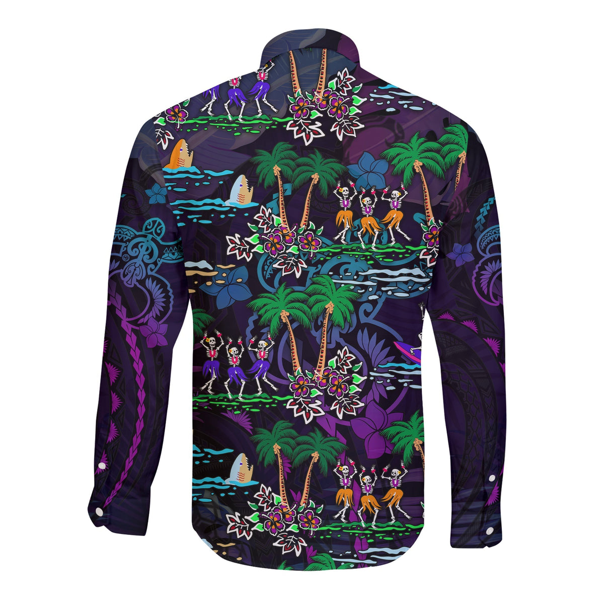 Purple long-sleeve button shirt, back view, tropical floral and dancing skeleton print