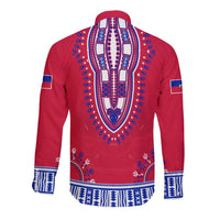 Red back view dashiki-style button shirt with large blue panel and patterned hem
