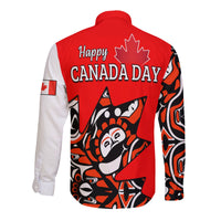Back of red long-sleeve button shirt with 'Happy Canada Day' and maple leaf