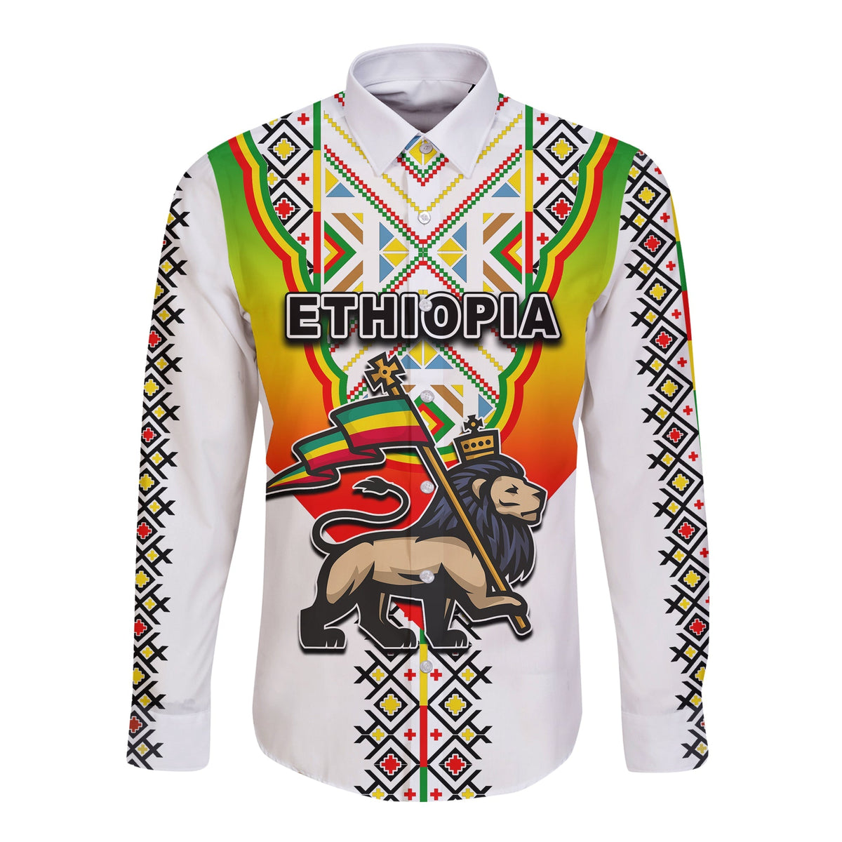White long-sleeve button shirt with Ethiopia graphic and colorful tribal pattern