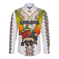 White long-sleeve button shirt with Ethiopia graphic and colorful tribal pattern