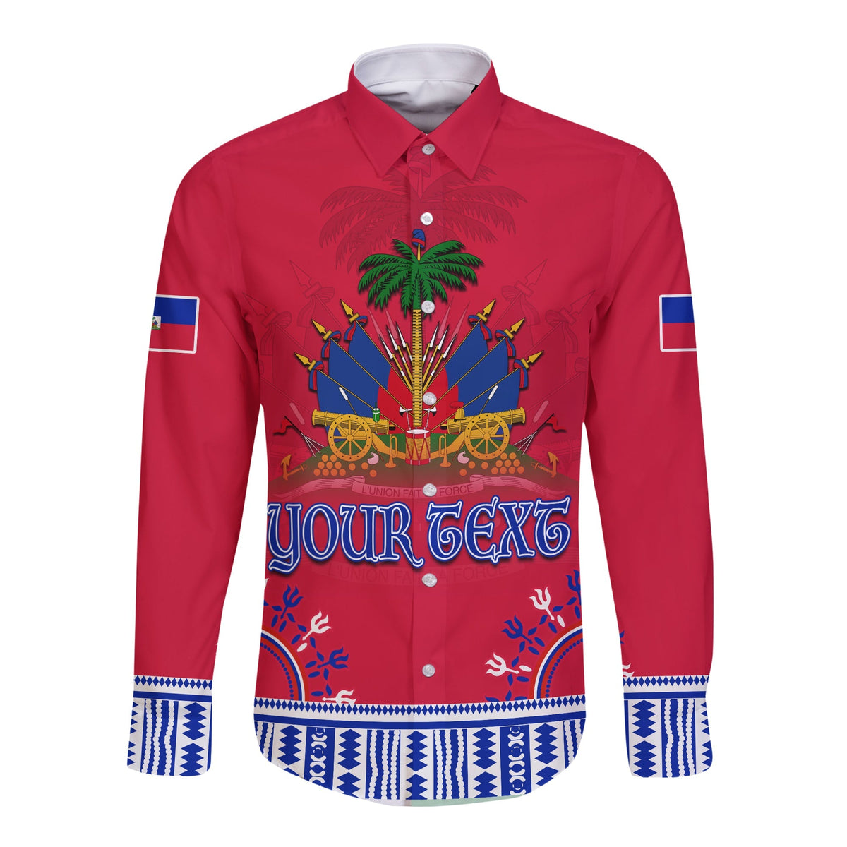 Red long-sleeve button dashiki-style shirt with bold blue graphic hem and collar