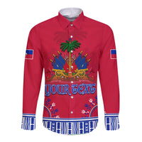Red long-sleeve button dashiki-style shirt with bold blue graphic hem and collar
