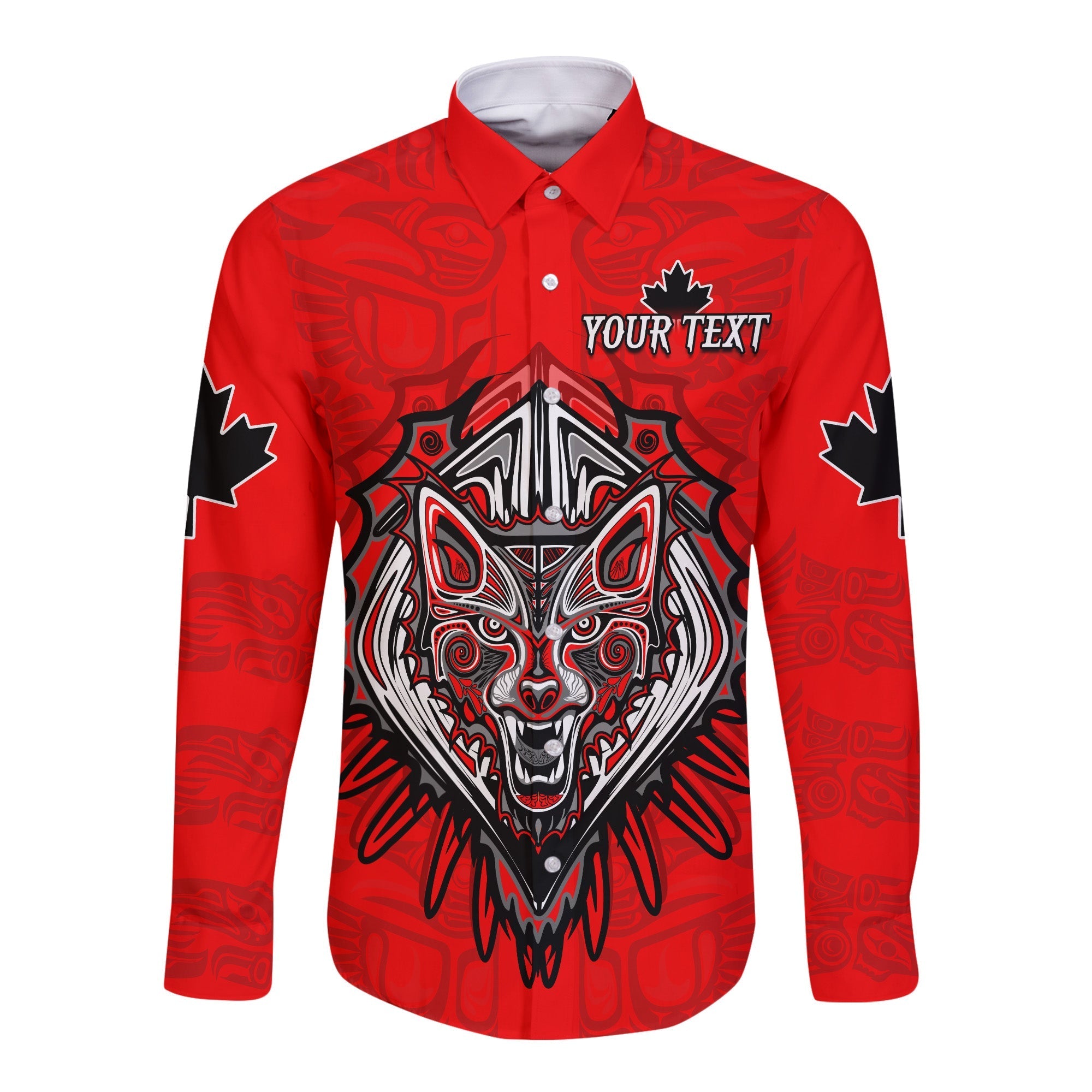 (Custom Personalised) Canada Maple Leaf Long Sleeve Button Shirt Red Haida Wolf LT13 - Wonder Print Shop