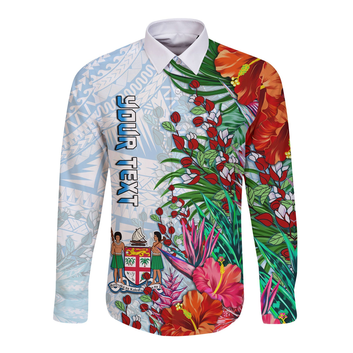 White long-sleeve button shirt with tapa patterns and colorful floral print, front
