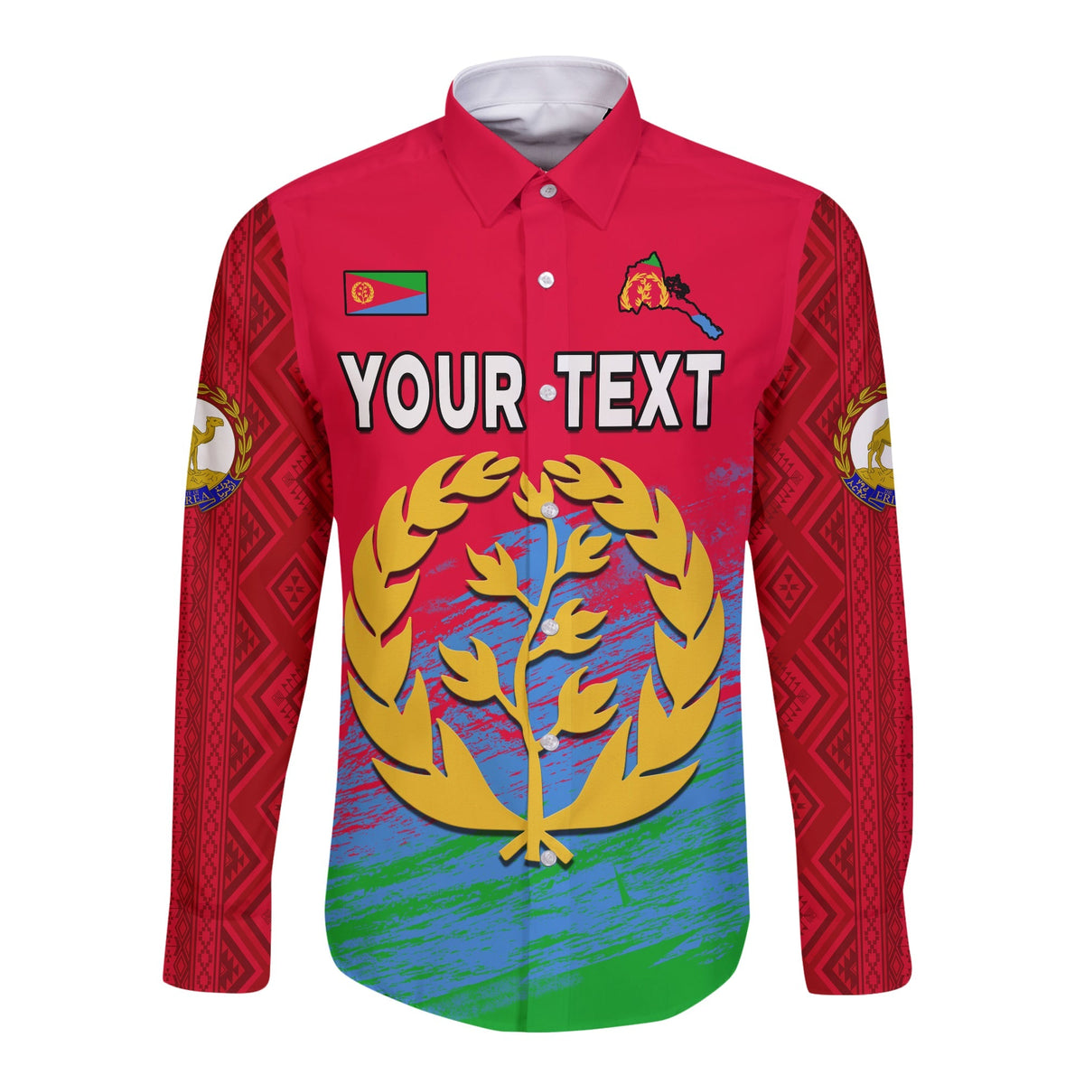 Red long-sleeve button shirt with Eritrea flag and custom text graphic