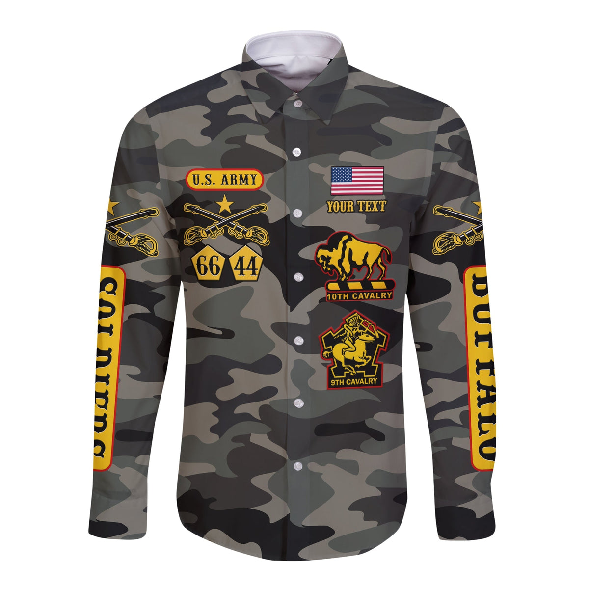 Camouflage long-sleeve button shirt with U.S. Army badge and YOUR TEXT patch
