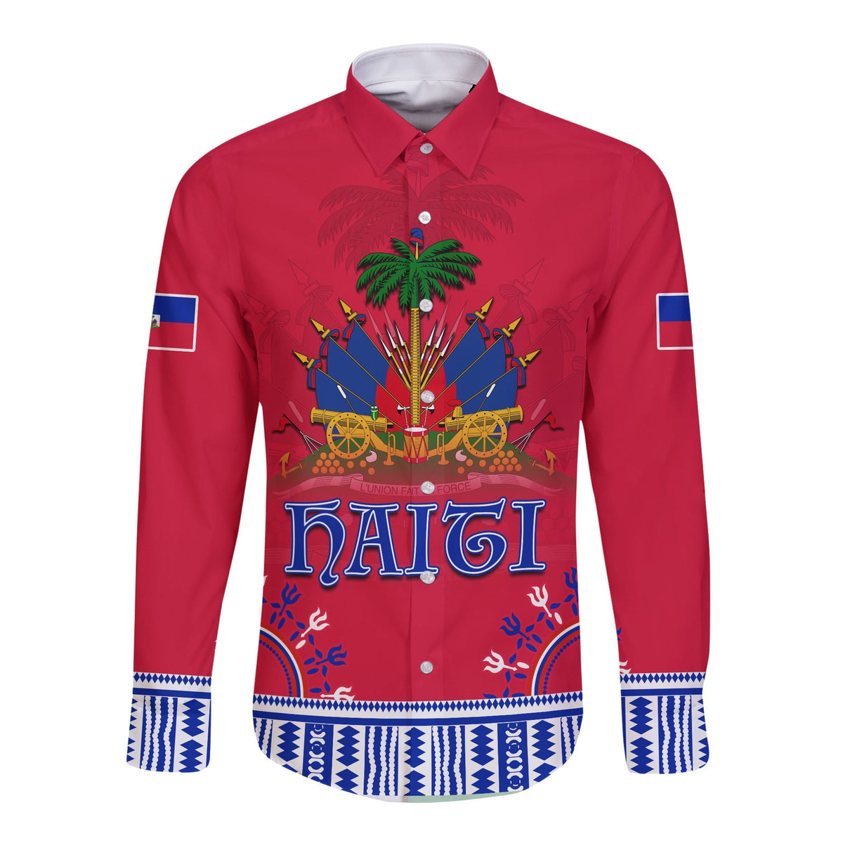 Red dashiki-style long-sleeve button shirt, Haiti front graphic and blue patterned hem