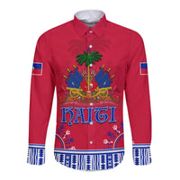 Red dashiki-style long-sleeve button shirt, Haiti front graphic and blue patterned hem
