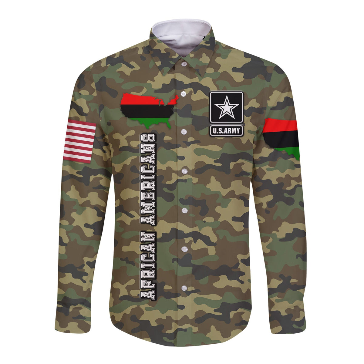 Unisex green camo long-sleeve button shirt, U.S. Army patch and red/white stripe details