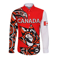 Red long-sleeve button shirt with Canada and Haida-style eagle print