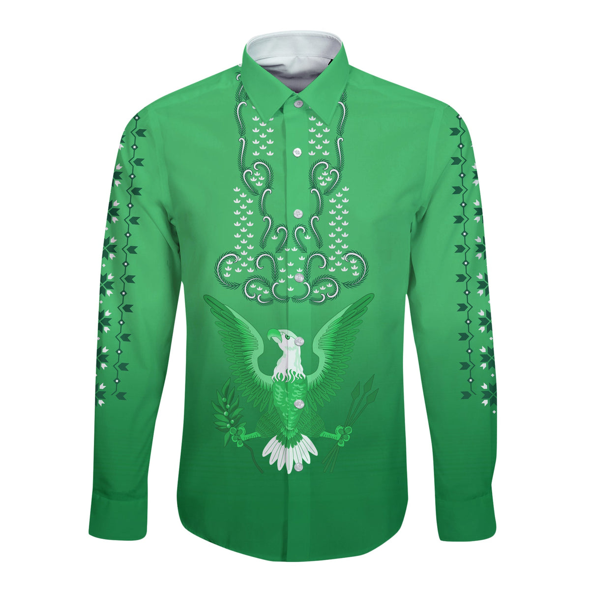 Green long sleeve button shirt with embroidered eagle and floral motifs