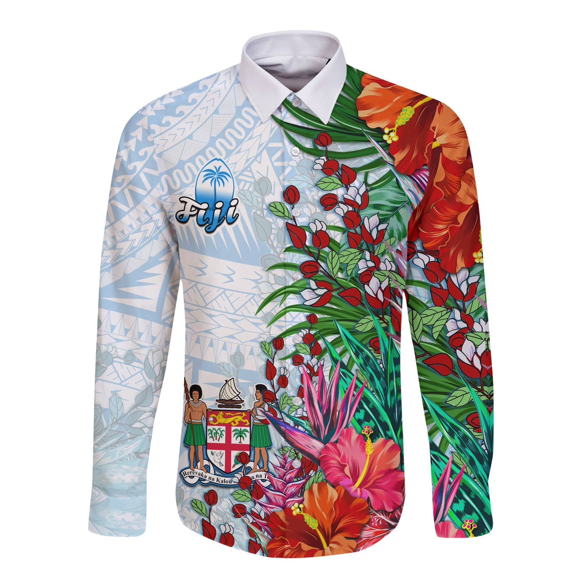 White long-sleeve button shirt with bold floral foliage and island motifs, collared placket