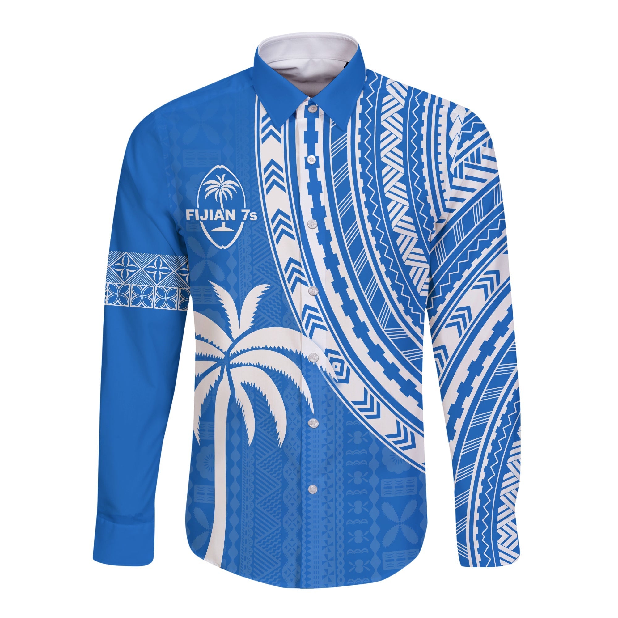 Fiji Rugby Sevens Long Sleeve Button Shirt Fijian 7s Tapa Polynesian Blue Ver.01 LT13 - Wonder Print Shop