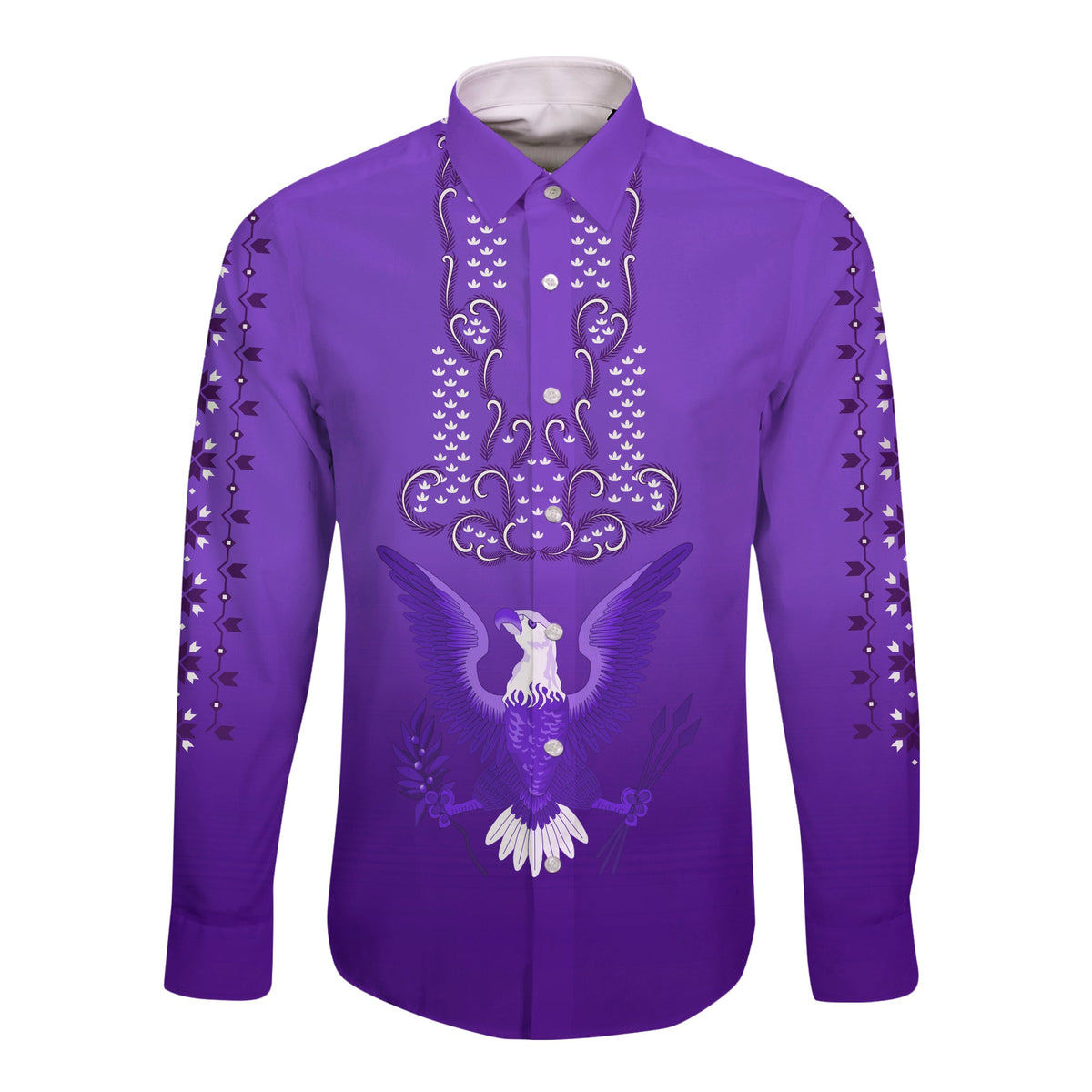 Purple long-sleeve button shirt with white bird and ornamental embroidery on front
