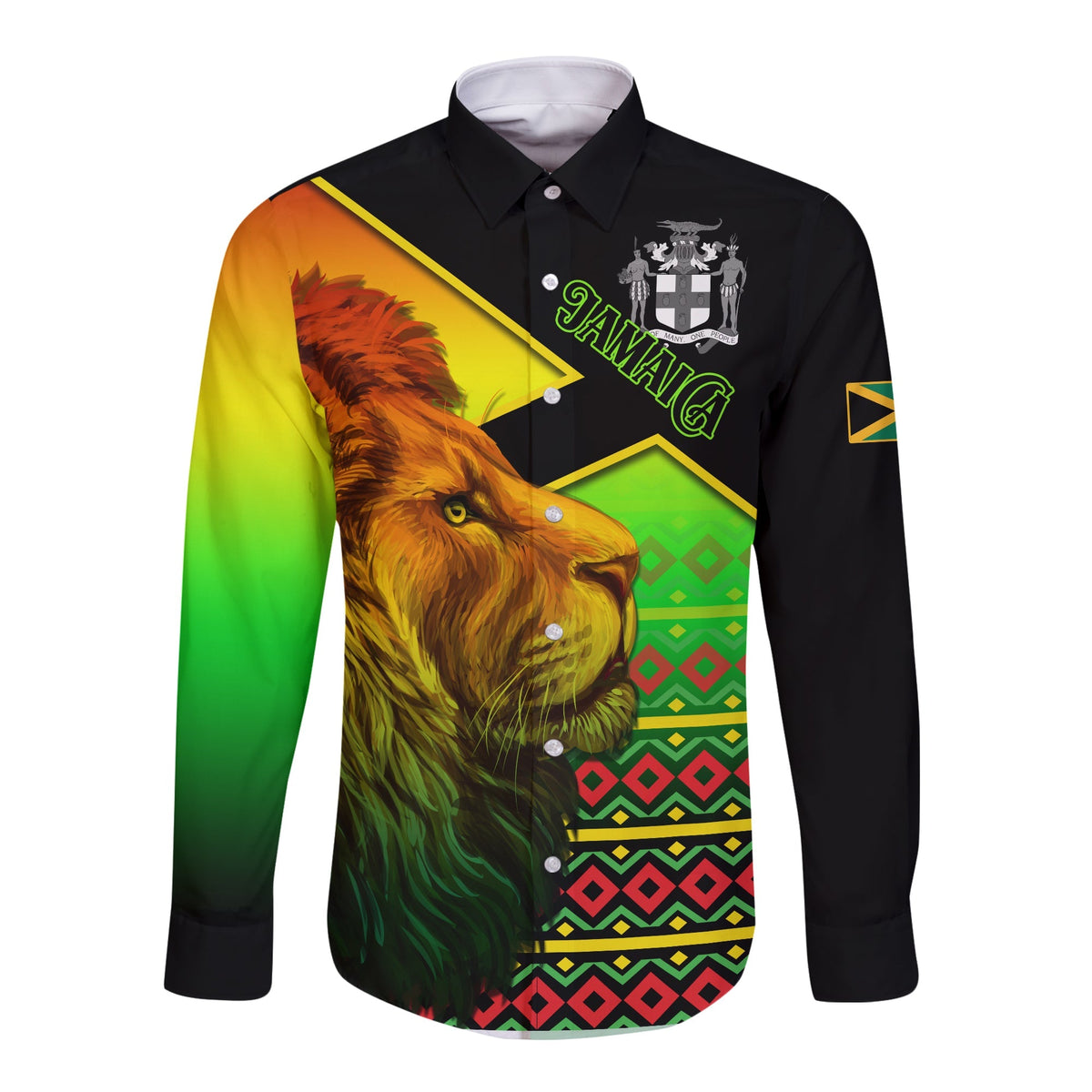 Long-sleeve button shirt, black with Jamaican lion graphic and green yellow red pattern