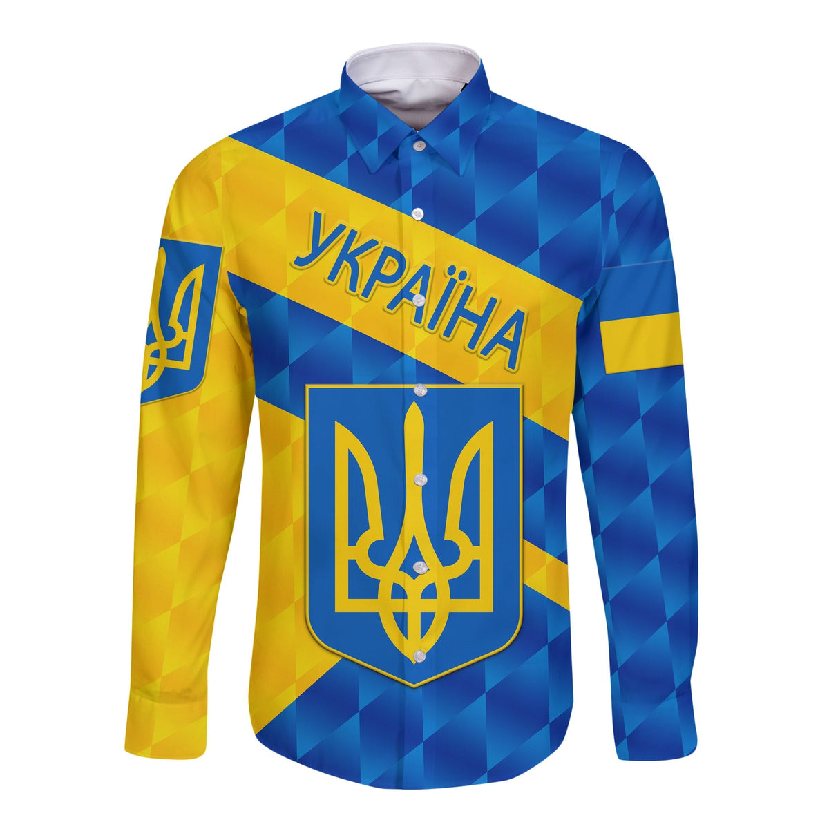 Blue long-sleeve button shirt with diagonal Ukraine print and trident crest