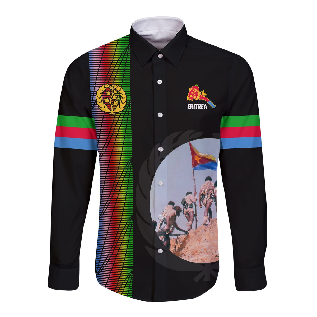 Black long-sleeve button shirt with Eritrea crest, flag scene, and colorful stripe accents