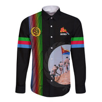 Black long-sleeve button shirt with Eritrea crest, flag scene, and colorful stripe accents