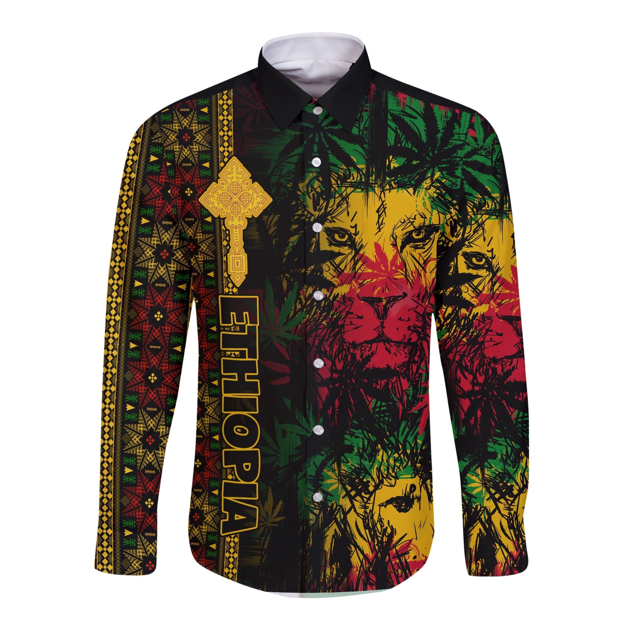 ethiopia-lion-reggae-hawaii-long-sleeve-button-shirt-ethiopian-cross