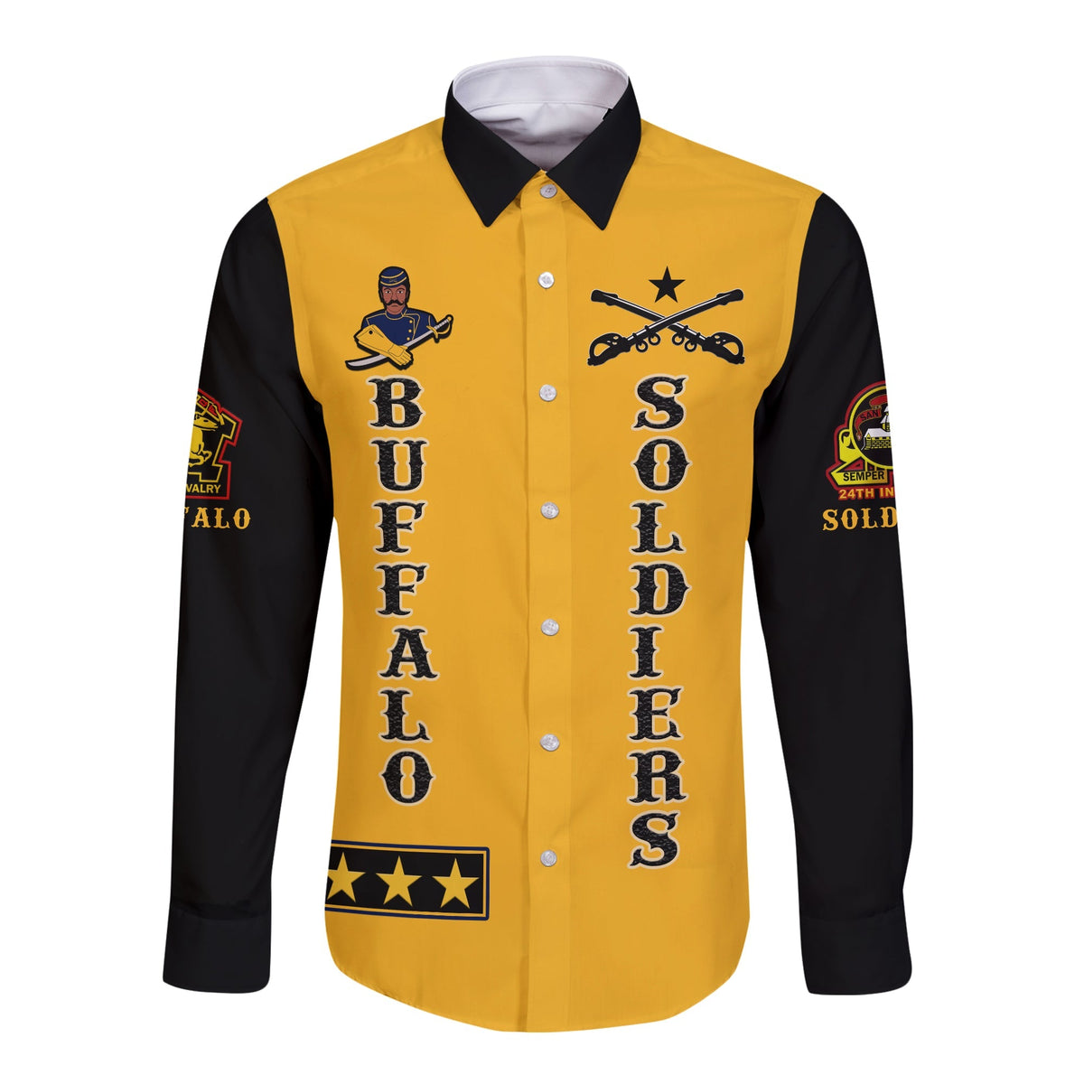 Gold long-sleeve button shirt with black contrast sleeves and Buffalo graphic front