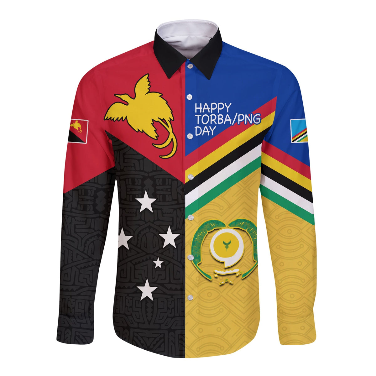 Multicolor long-sleeve button shirt with pointed collar and Polynesia graphic patchwork