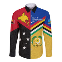 Multicolor long-sleeve button shirt with pointed collar and Polynesia graphic patchwork