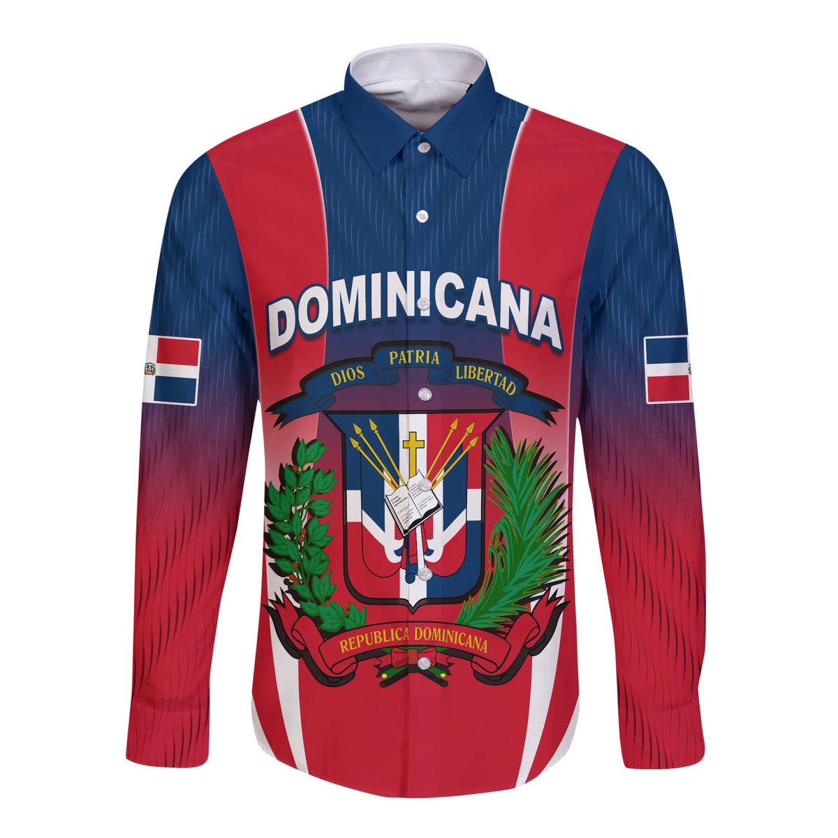 Blue long-sleeve button shirt with Dominican Republic crest graphic and red stripe sleeves