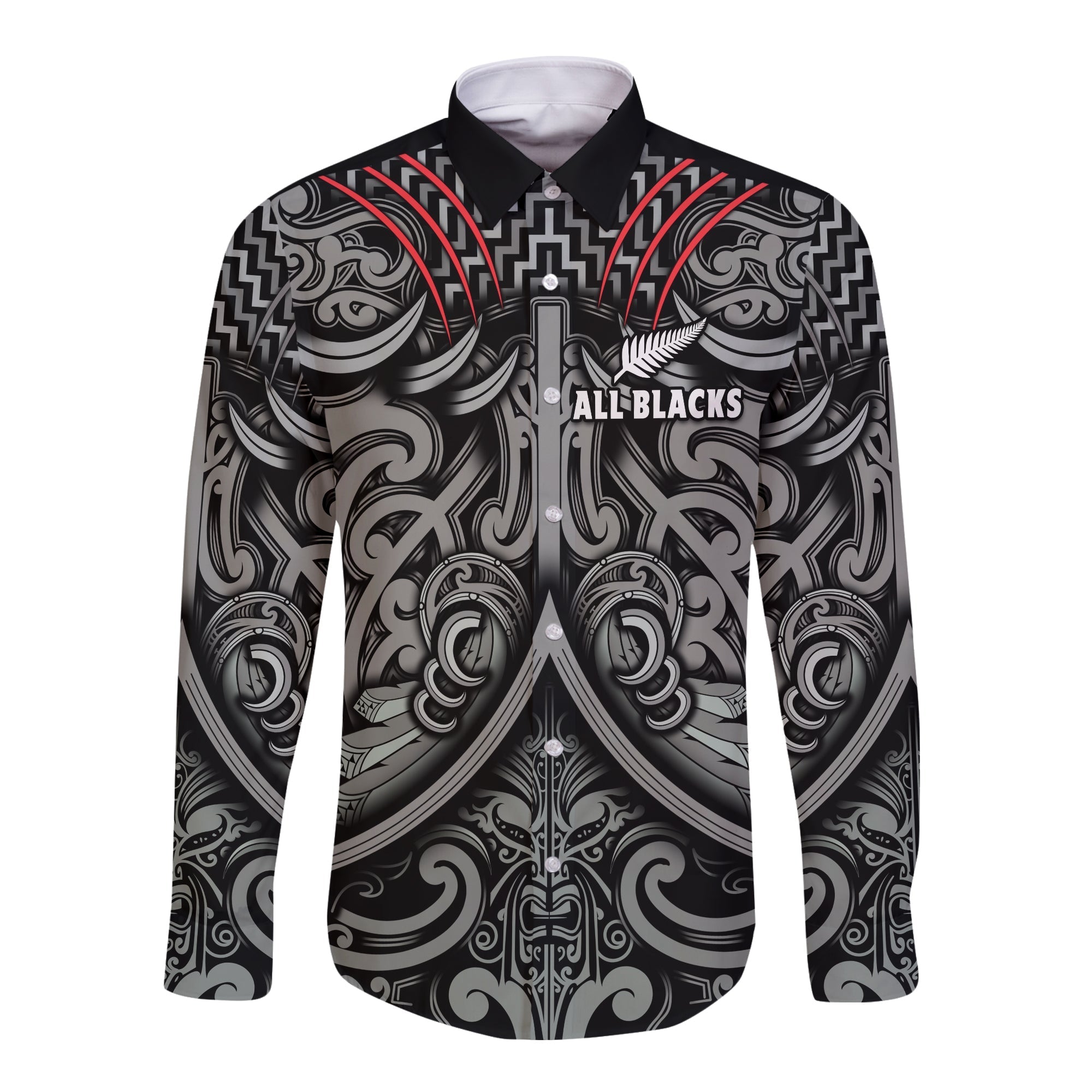 New Zealand Silver Fern Rugby Long Sleeve Button Shirt All Black NZ Maori Pattern LT13 - Wonder Print Shop