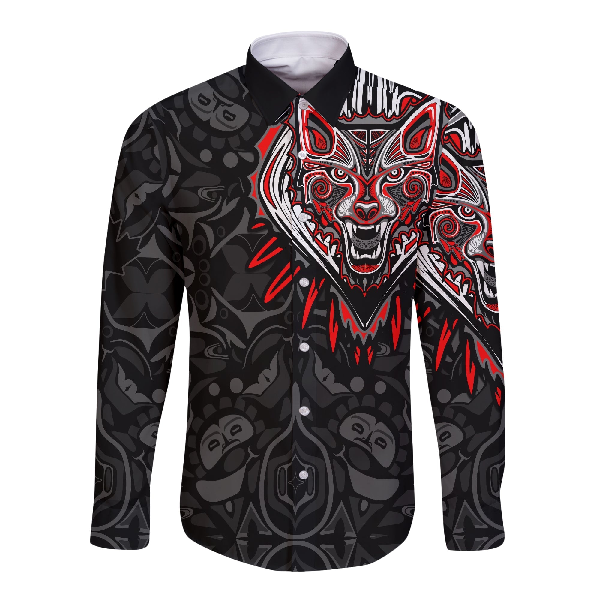 Canada Wolf Long Sleeve Button Shirt Haida and Maple Leaf LT13 - Wonder Print Shop