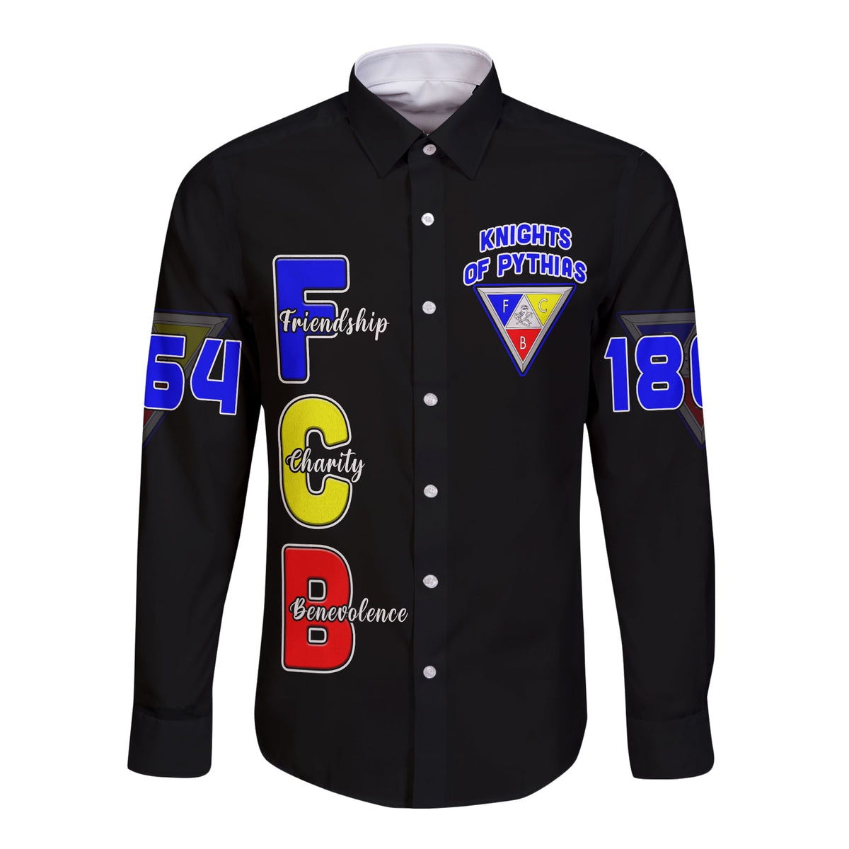 Black long-sleeve button shirt with Knights of Pythias front graphic and numbers 54, 181