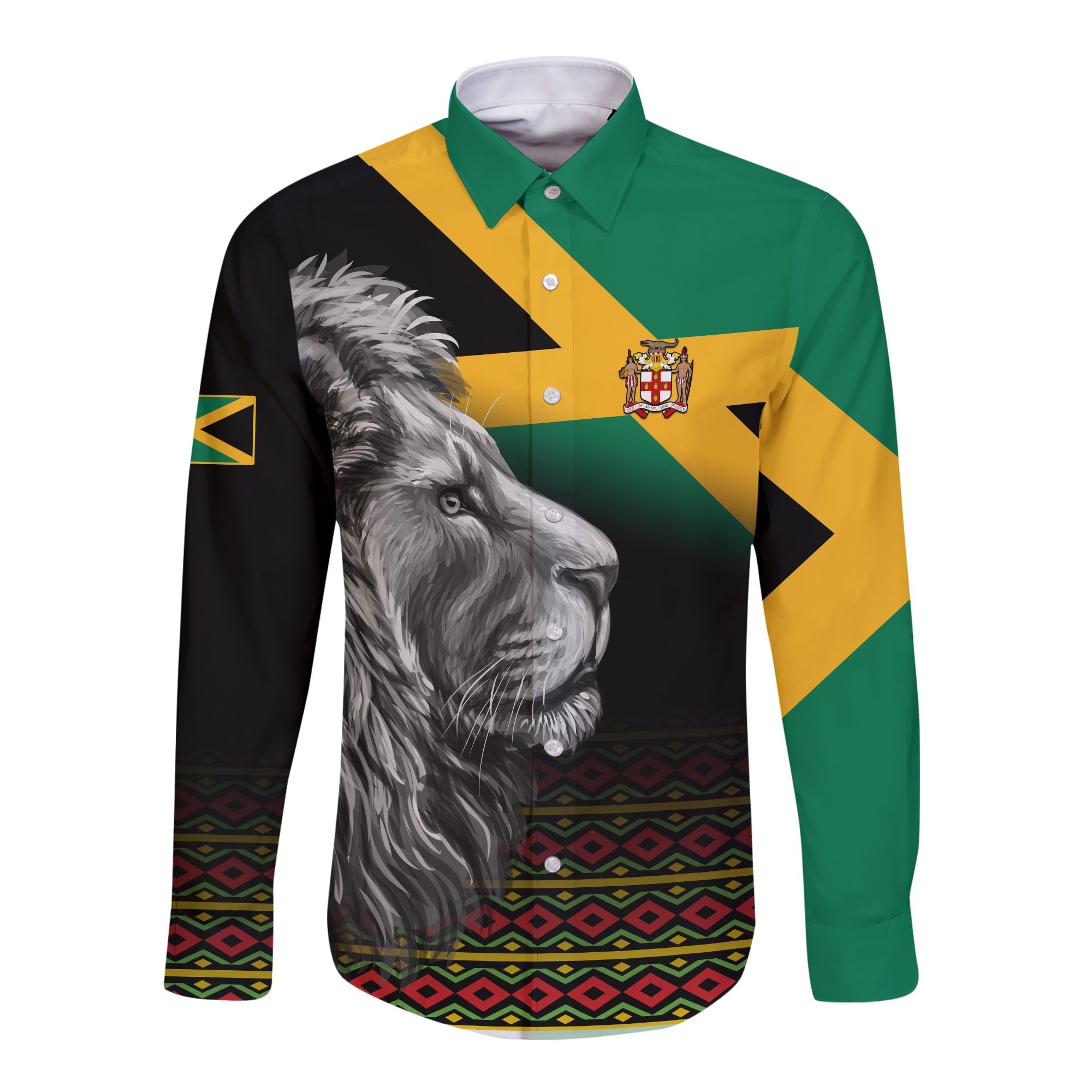 Jamaica Lion Hawaii Long Sleeve Button Shirt Jamaican Pattern Version Black LT13 - Wonder Print Shop