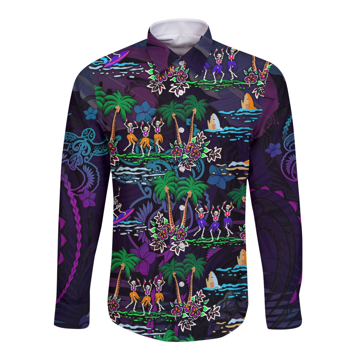 Purple long-sleeve button shirt with dancing skeletons and tropical palm print