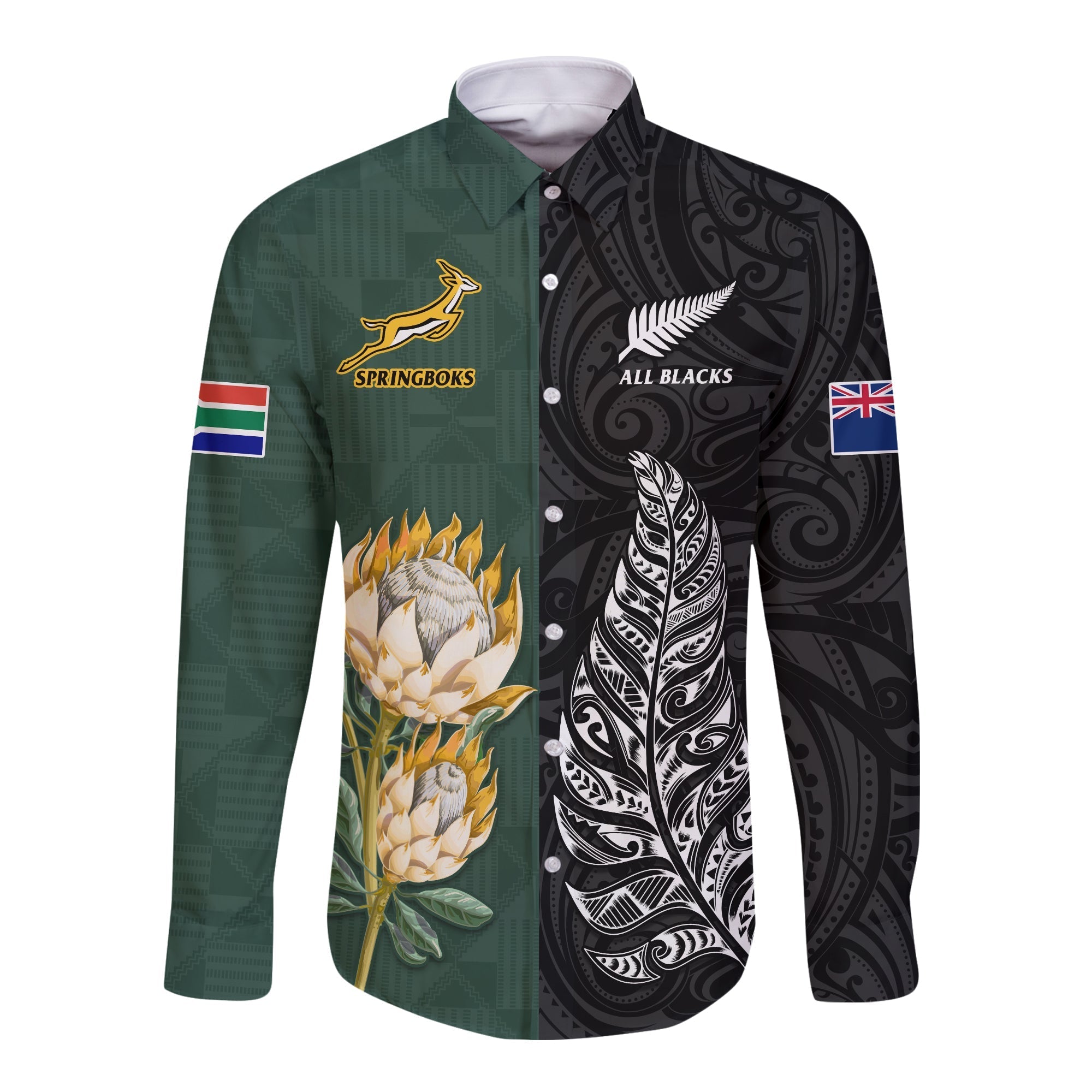 South Africa Protea and New Zealand Fern Long Sleeve Button Shirt Rugby Go Springboks vs All Black LT13 - Wonder Print Shop