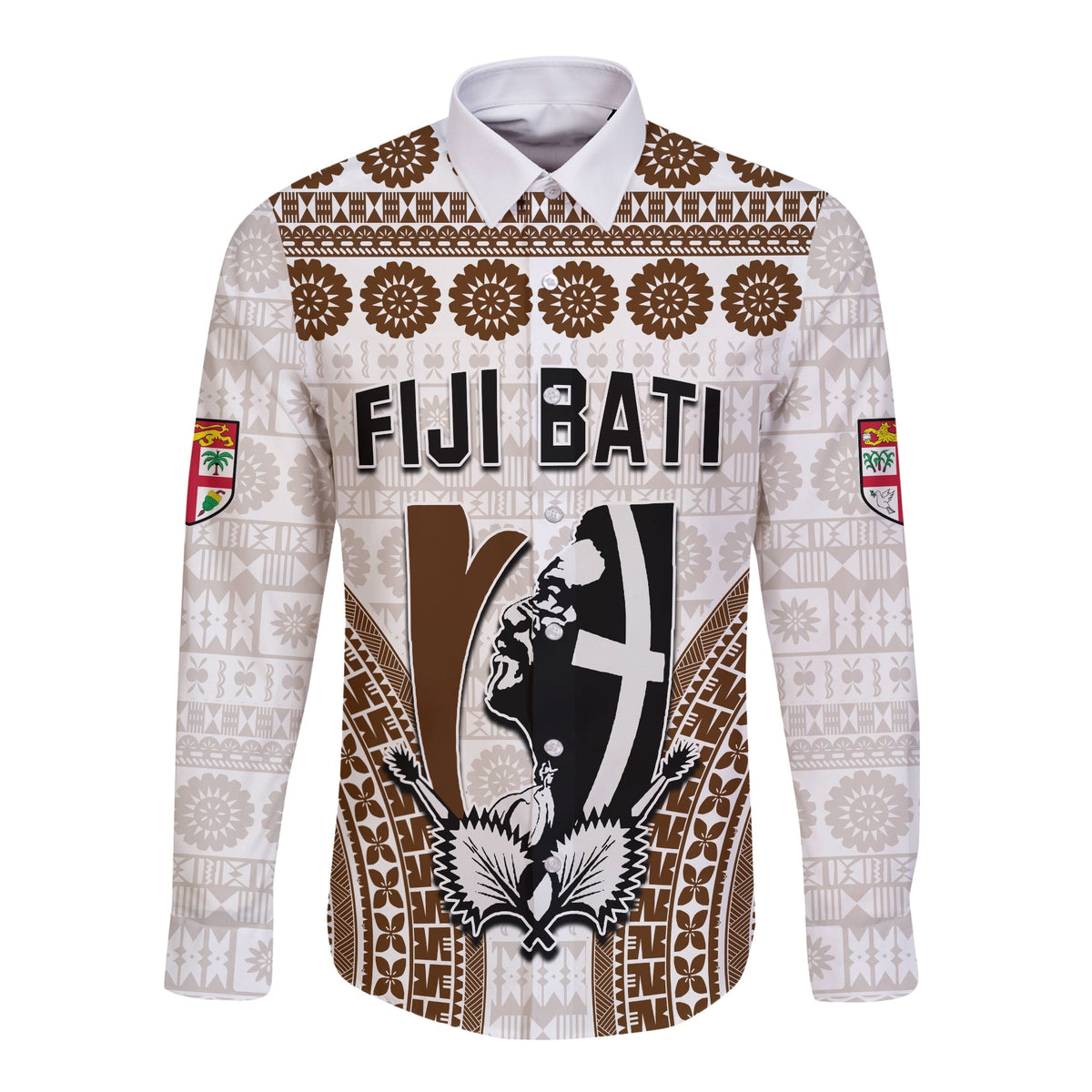 White long sleeve rugby button shirt with brown tapa and floral patterns, front graphic