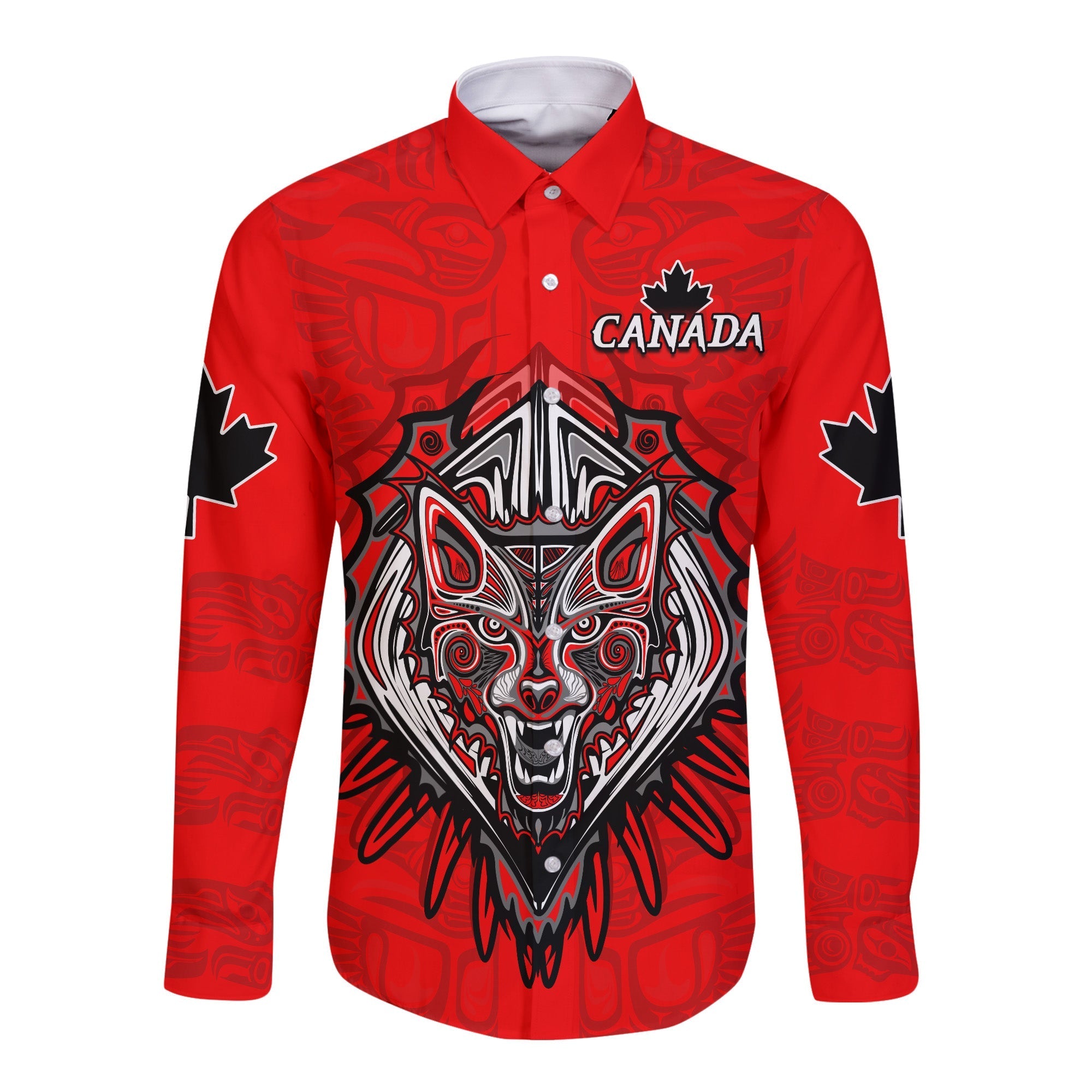 Canada Maple Leaf Long Sleeve Button Shirt Red Haida Wolf LT13 - Wonder Print Shop