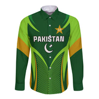 Green long sleeve button shirt with Pakistan cricket front graphic and star emblem