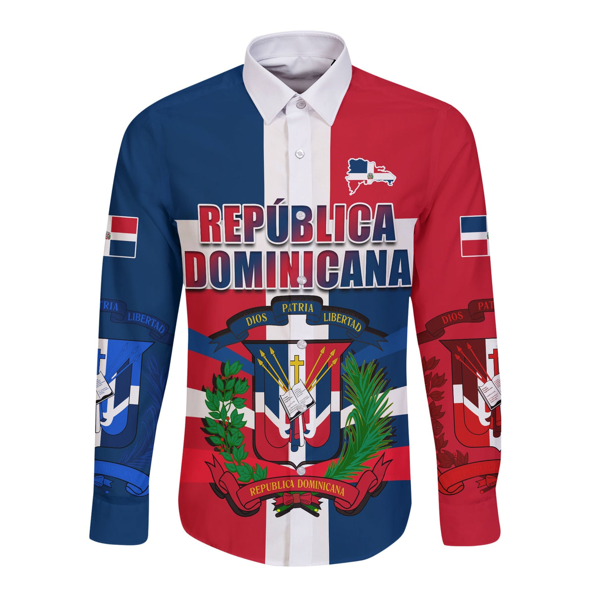 Red, blue, and white long-sleeve button shirt with Dominican Republic graphic on front