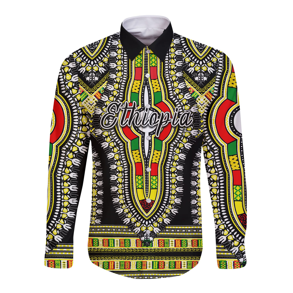 Unisex Langarmhemd: schwarzer Dashiki-Print mit bunten Ornamente