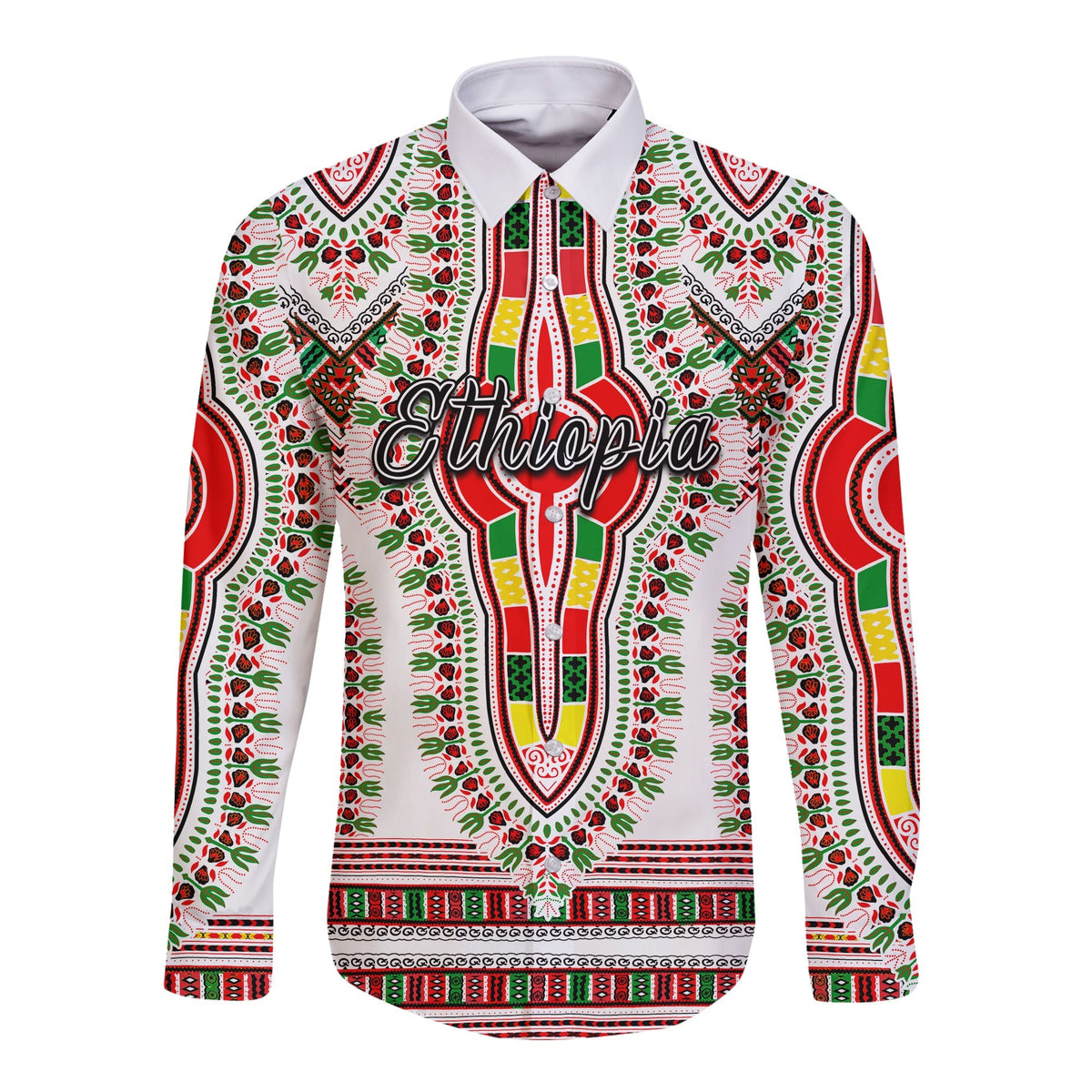 Dashiki-Hemd, weißer Grund, lange Ärmel, Knopfleiste, bunte Muster, Unisex